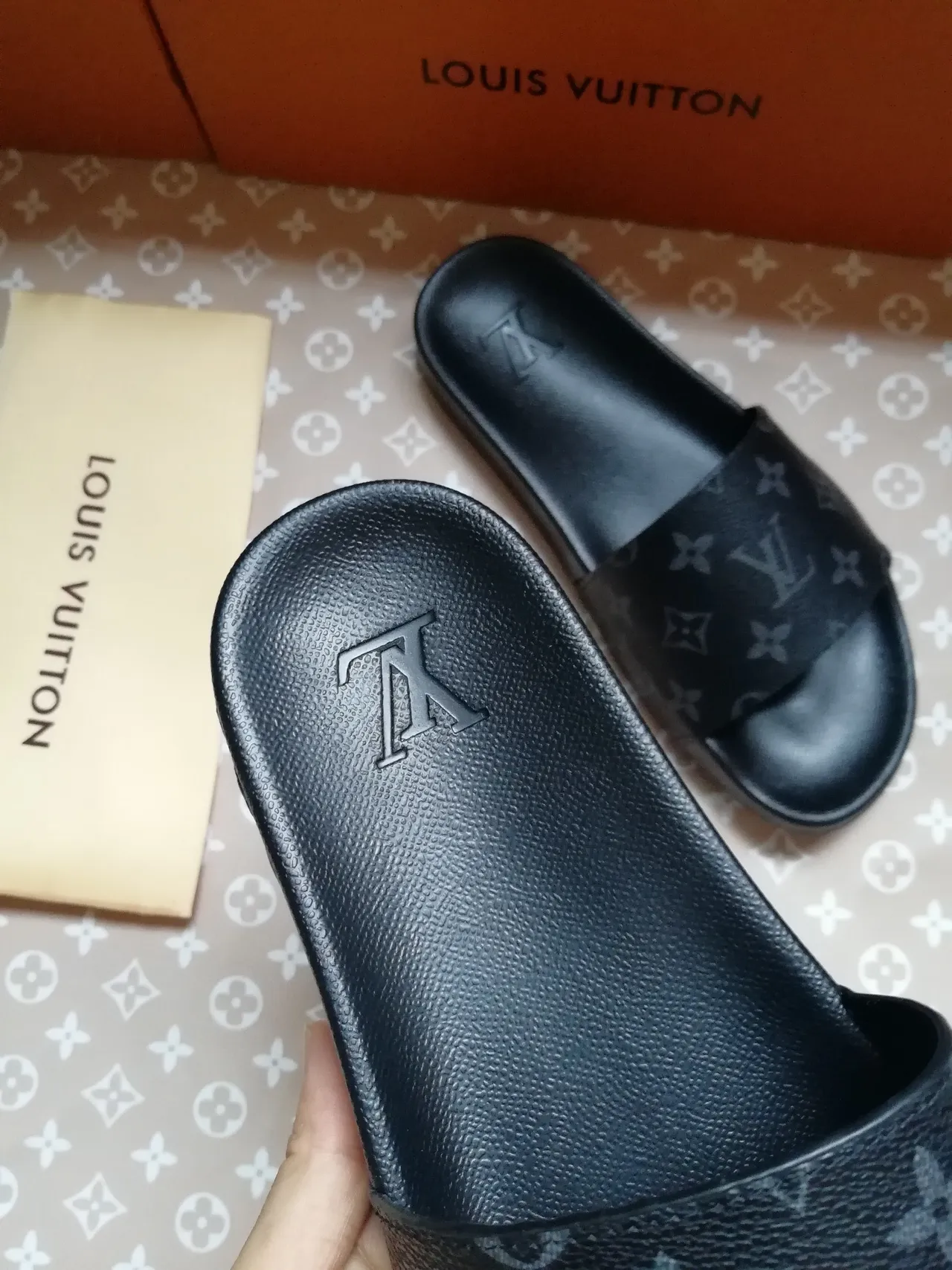 Louis Vuitton Monogram-Coated Leather Black Slide Slippers 5