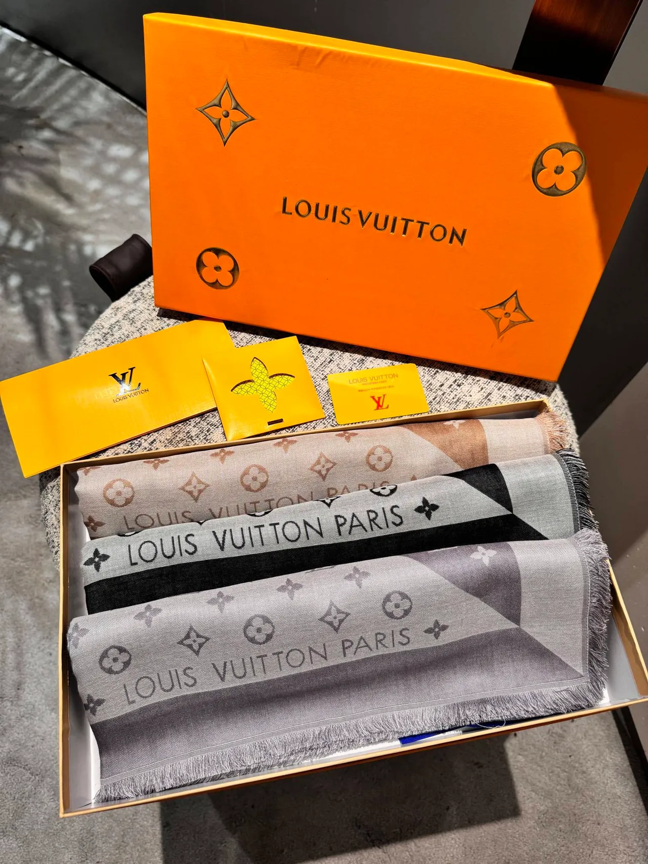 Louis Vuitton Monogram Diagonal Panel Gray Silk Scarf 4