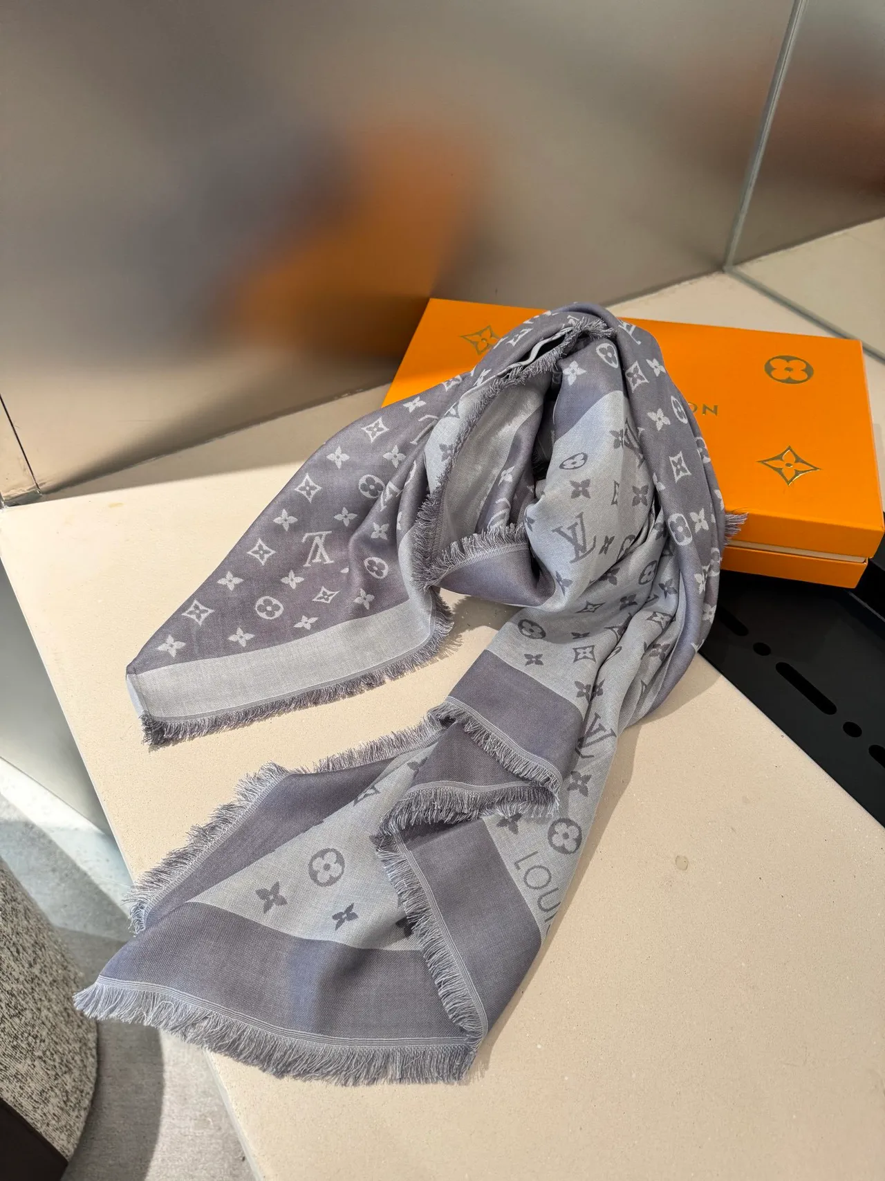 Louis Vuitton Monogram Diagonal Panel Gray Silk Scarf 8