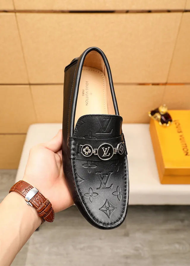 Louis Vuitton Monogram Embossed Loafer Black Leather Slip-On Loafers 7
