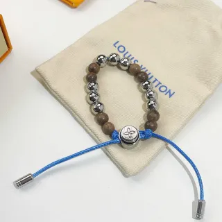 Louis Vuitton Monogram Flower Brown Blue Beaded Wood And Metal Bracelet