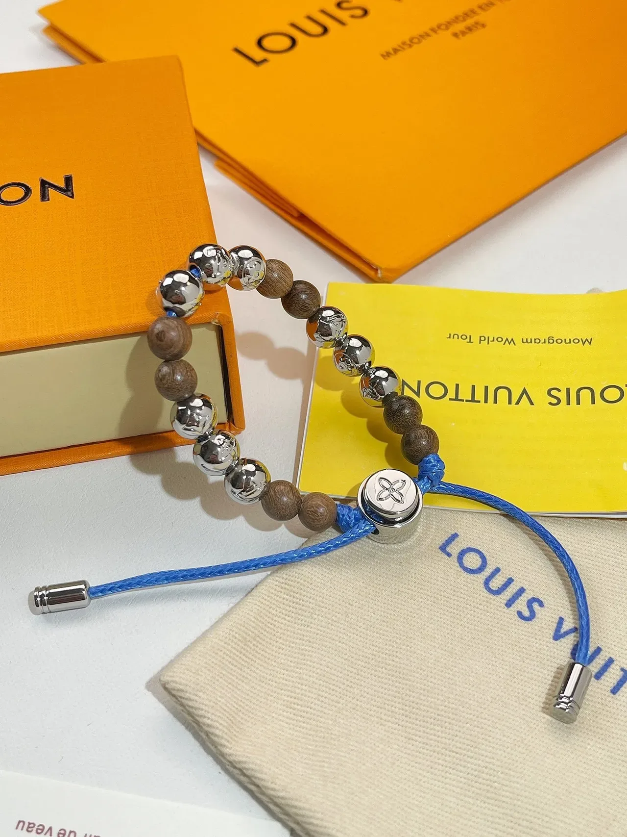 Louis Vuitton Monogram Flower Brown Blue Beaded Wood And Metal Bracelet 2