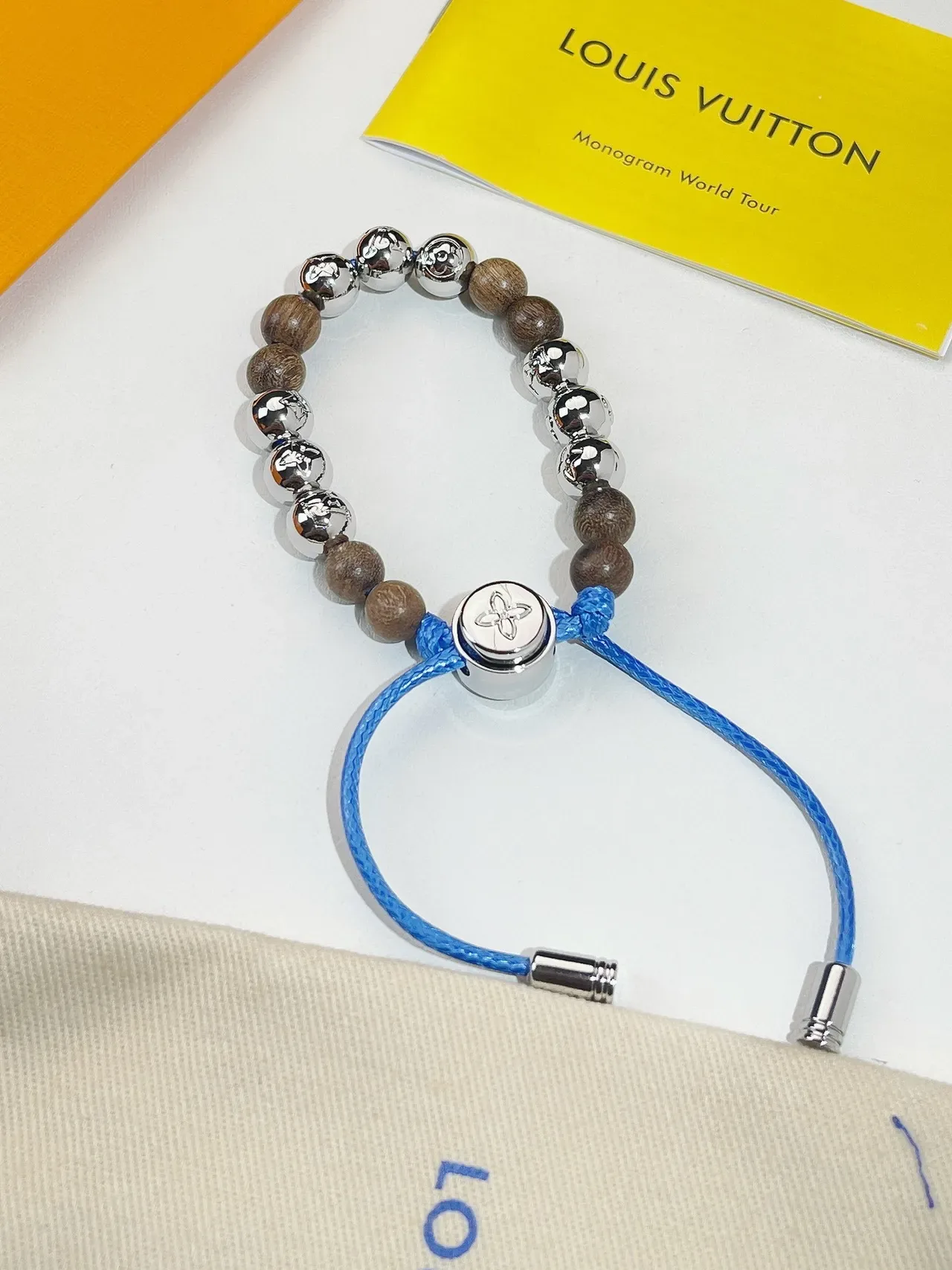 Louis Vuitton Monogram Flower Brown Blue Beaded Wood And Metal Bracelet 3