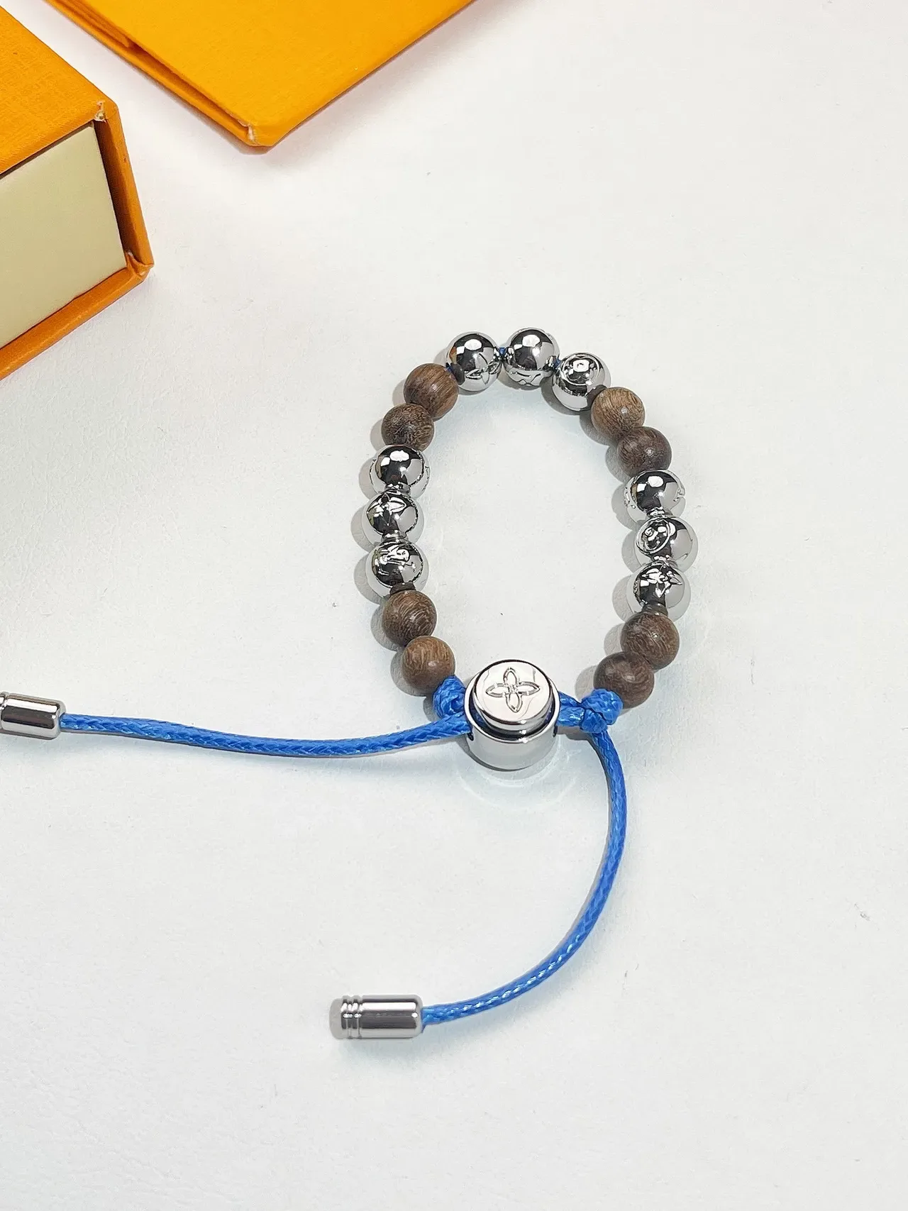 Louis Vuitton Monogram Flower Brown Blue Beaded Wood And Metal Bracelet 4