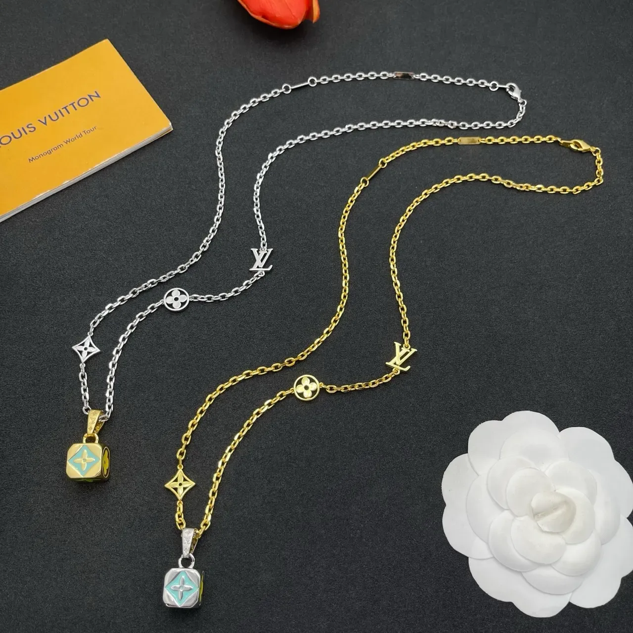 Louis Vuitton Monogram Flower Turquoise Enamel Gold-Silver Necklace 2