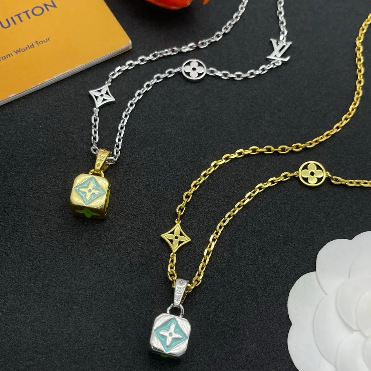 Louis Vuitton Monogram Flower Turquoise Enamel Gold-Silver Necklace 3