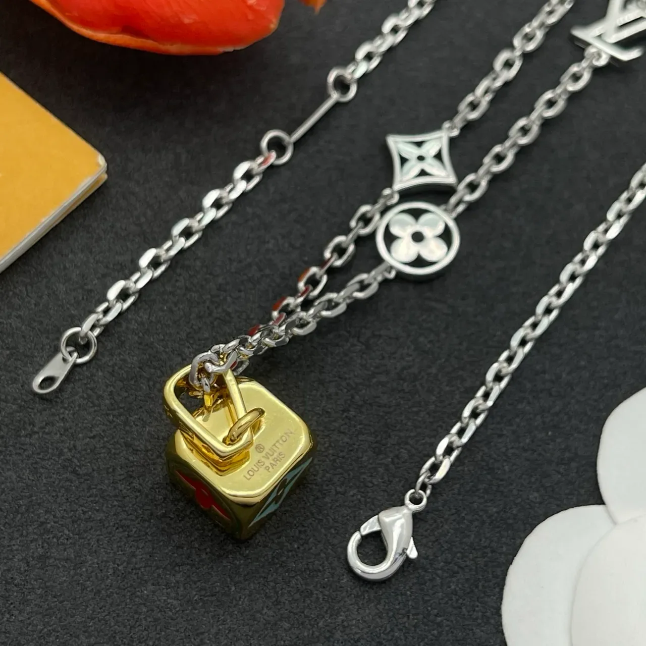Louis Vuitton Monogram Flower Turquoise Enamel Gold-Silver Necklace 4