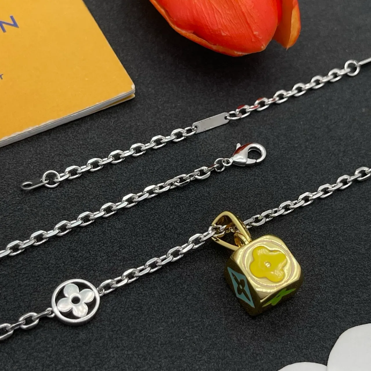 Louis Vuitton Monogram Flower Turquoise Enamel Gold-Silver Necklace 5