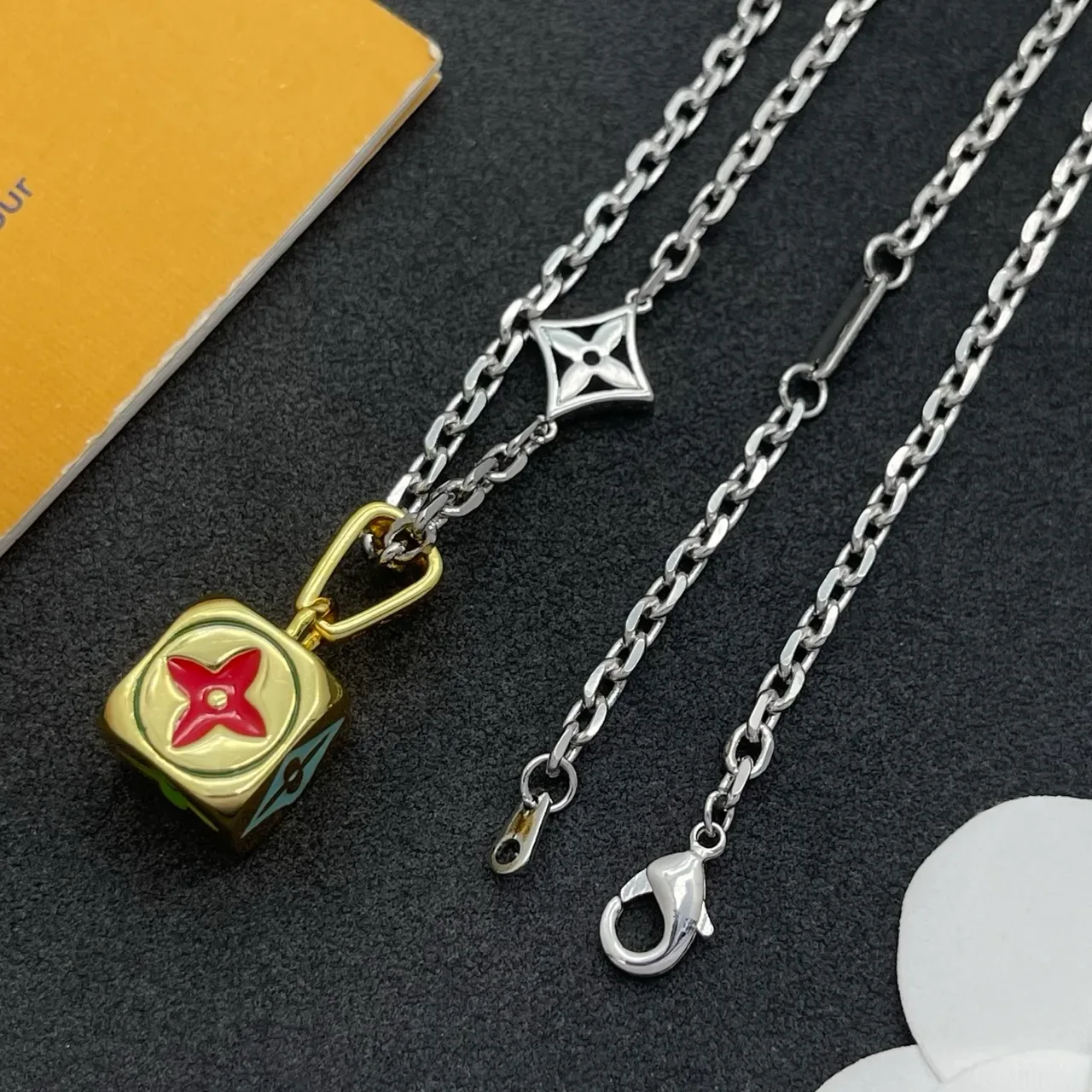 Louis Vuitton Monogram Flower Turquoise Enamel Gold-Silver Necklace 6