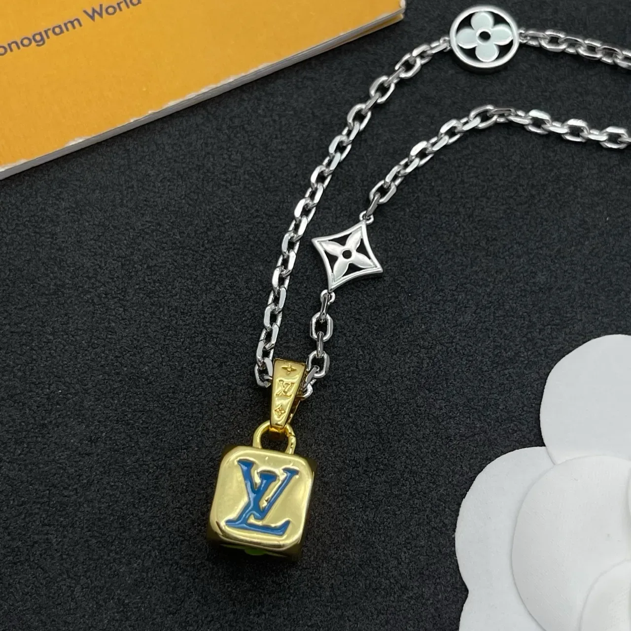 Louis Vuitton Monogram Flower Turquoise Enamel Gold-Silver Necklace 7