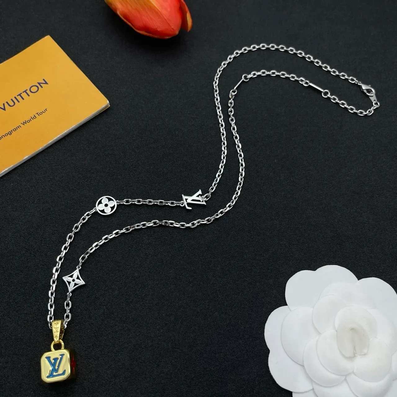 Louis Vuitton Monogram Flower Turquoise Enamel Gold-Silver Necklace 8