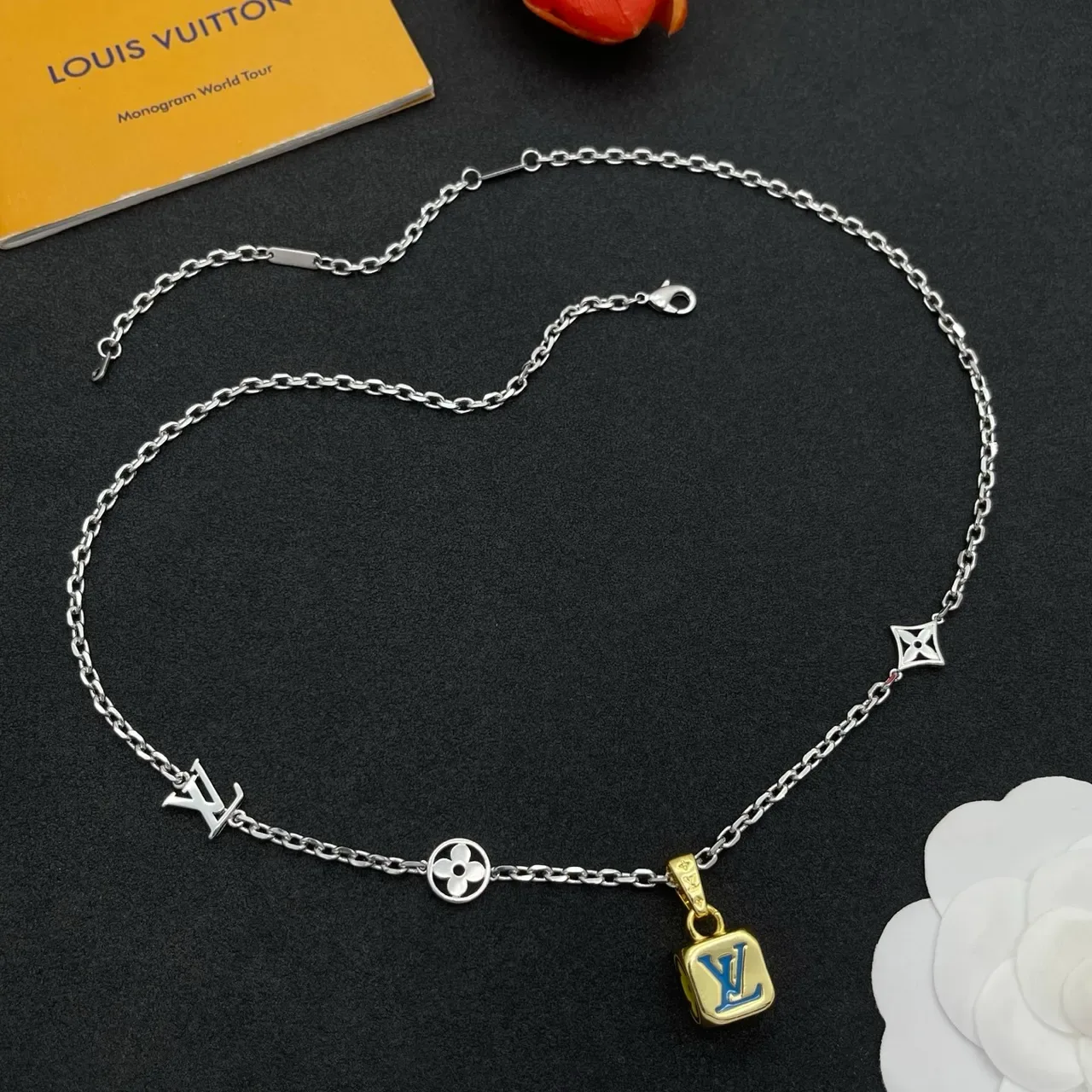 Louis Vuitton Monogram Flower Turquoise Enamel Gold-Silver Necklace 9