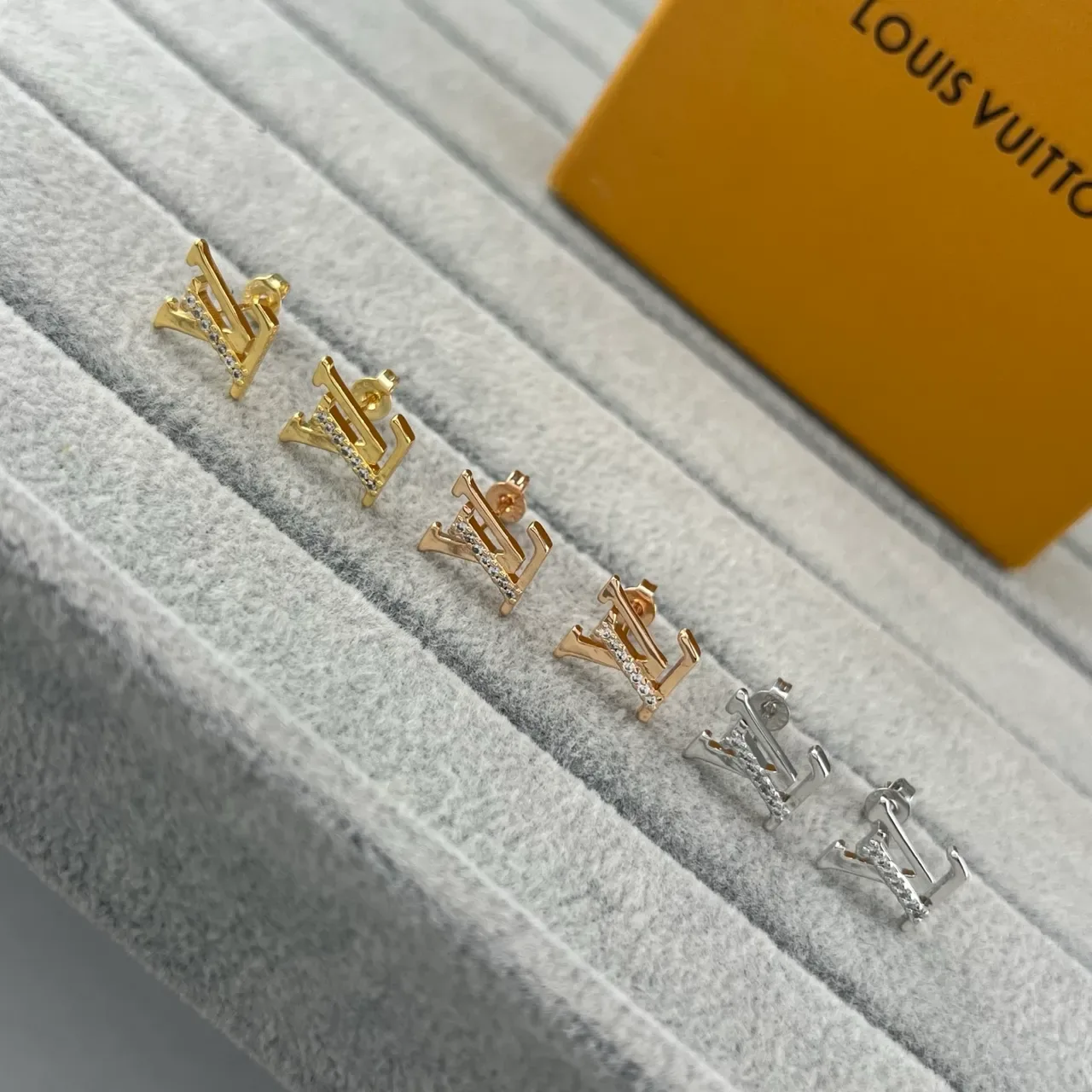Louis Vuitton Monogram Gold Silver Letter Studs Pavé Crystal Detail Earrings 6