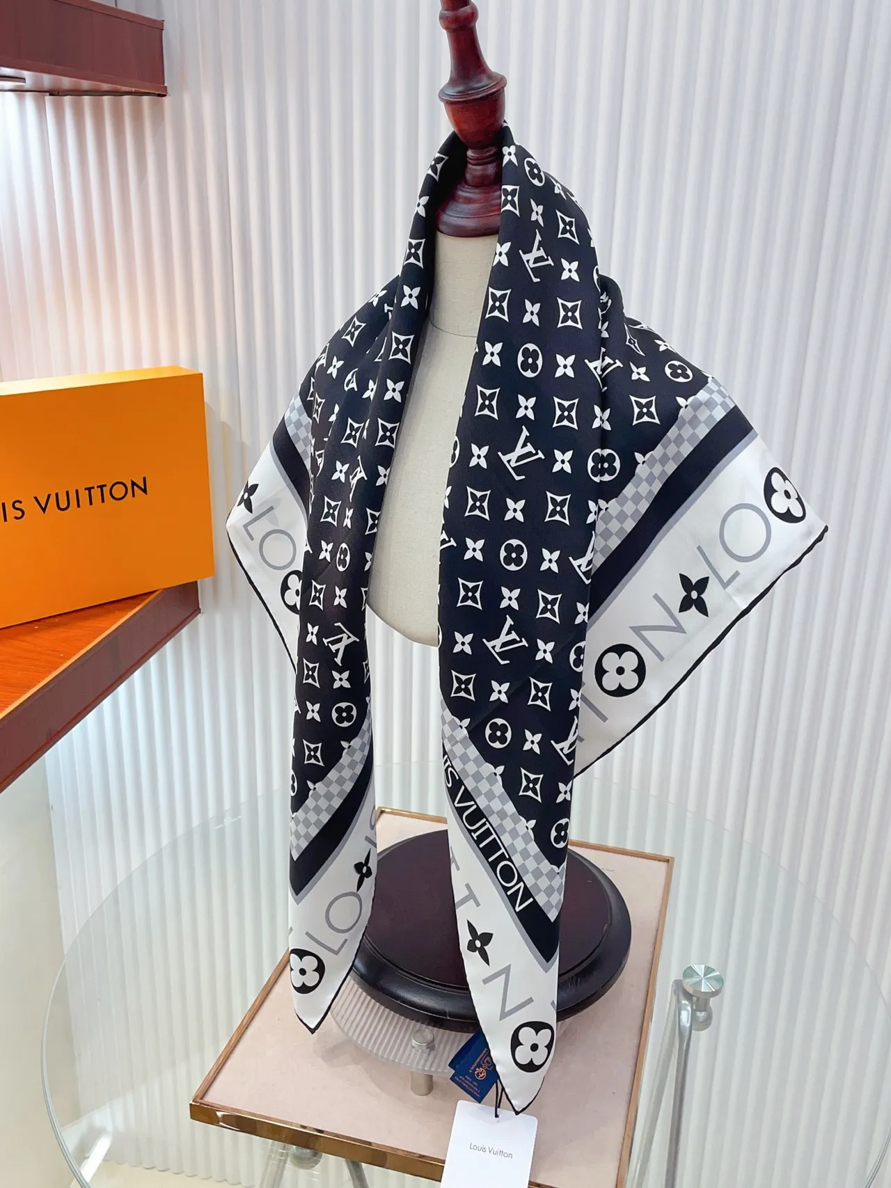 Louis Vuitton Monogram Grid Black White Pattern Bordered Square Silk Scarf 3