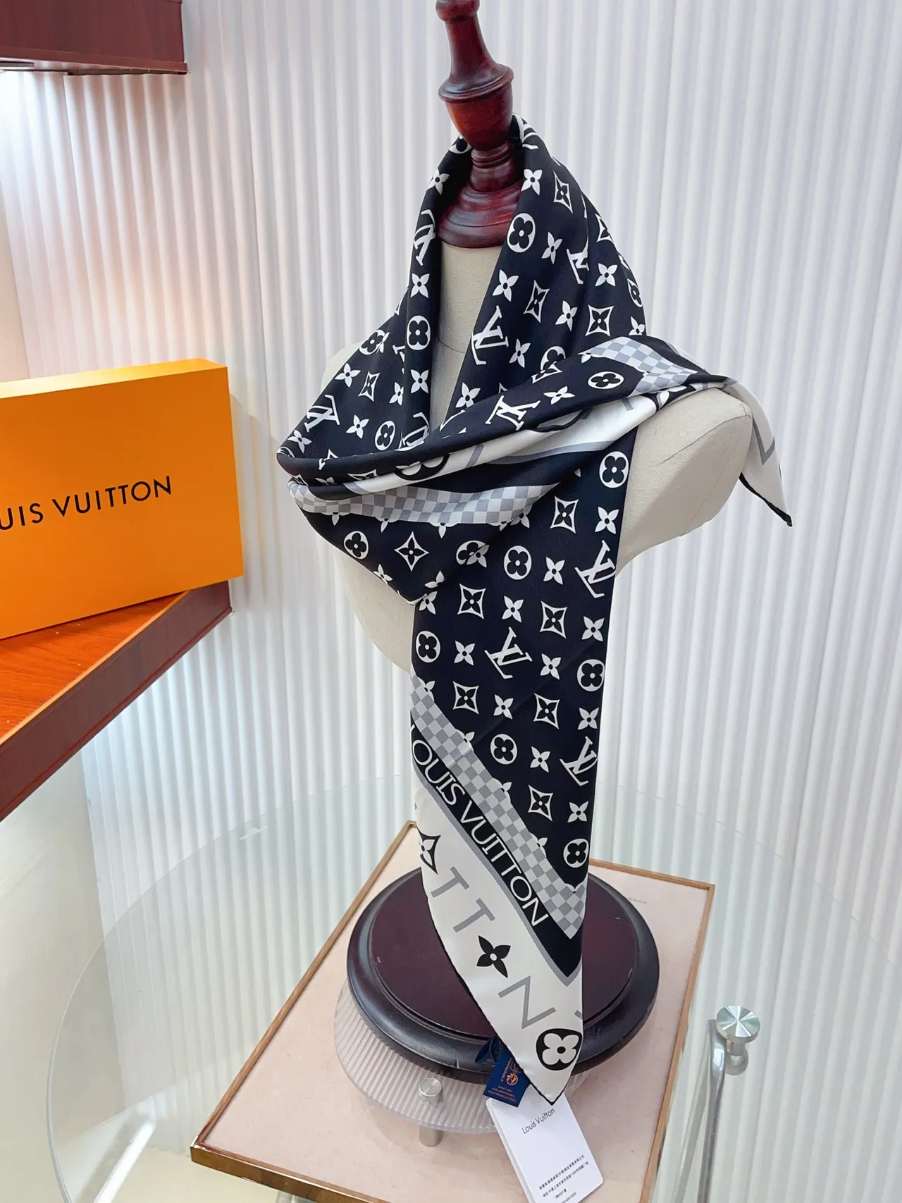 Louis Vuitton Monogram Grid Black White Pattern Bordered Square Silk Scarf 4
