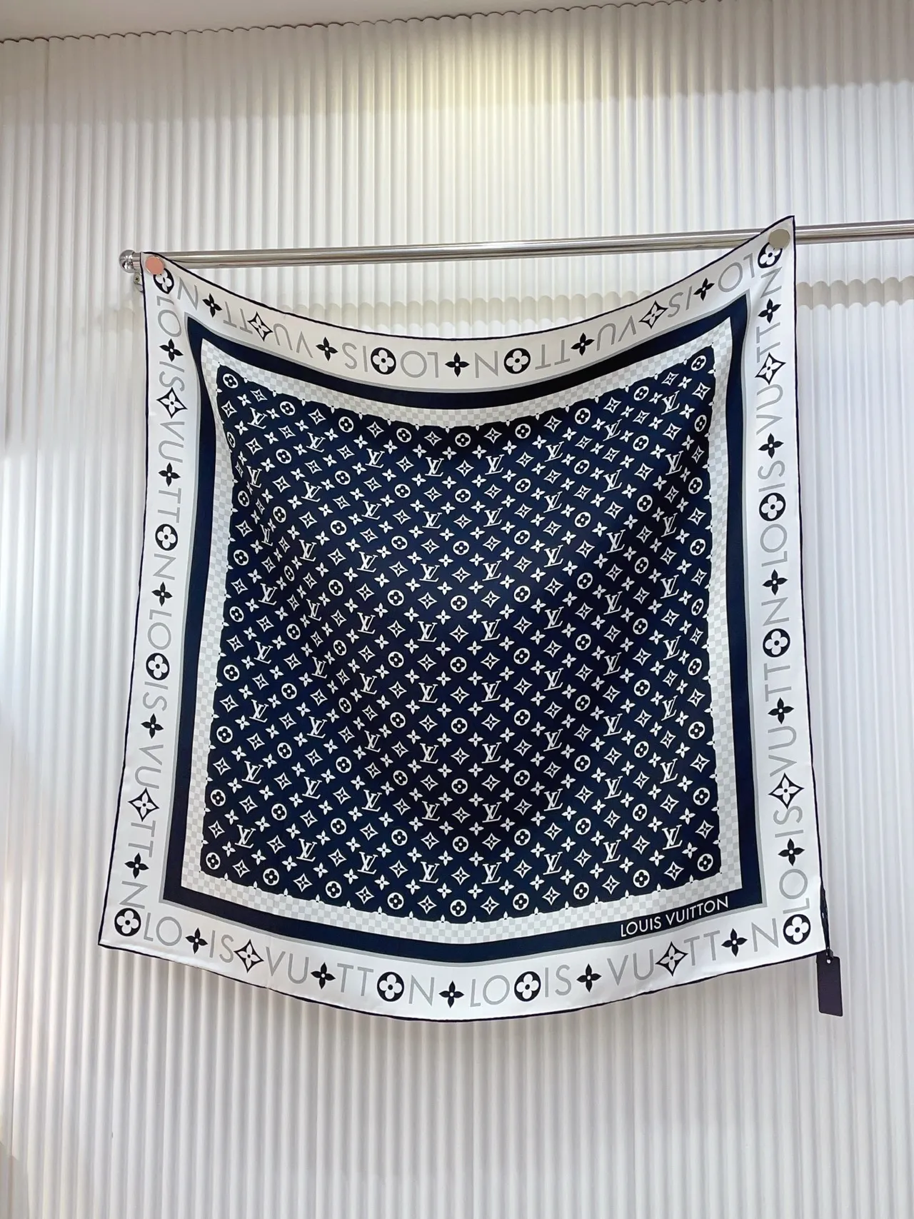 Louis Vuitton Monogram Grid Black White Pattern Bordered Square Silk Scarf 5