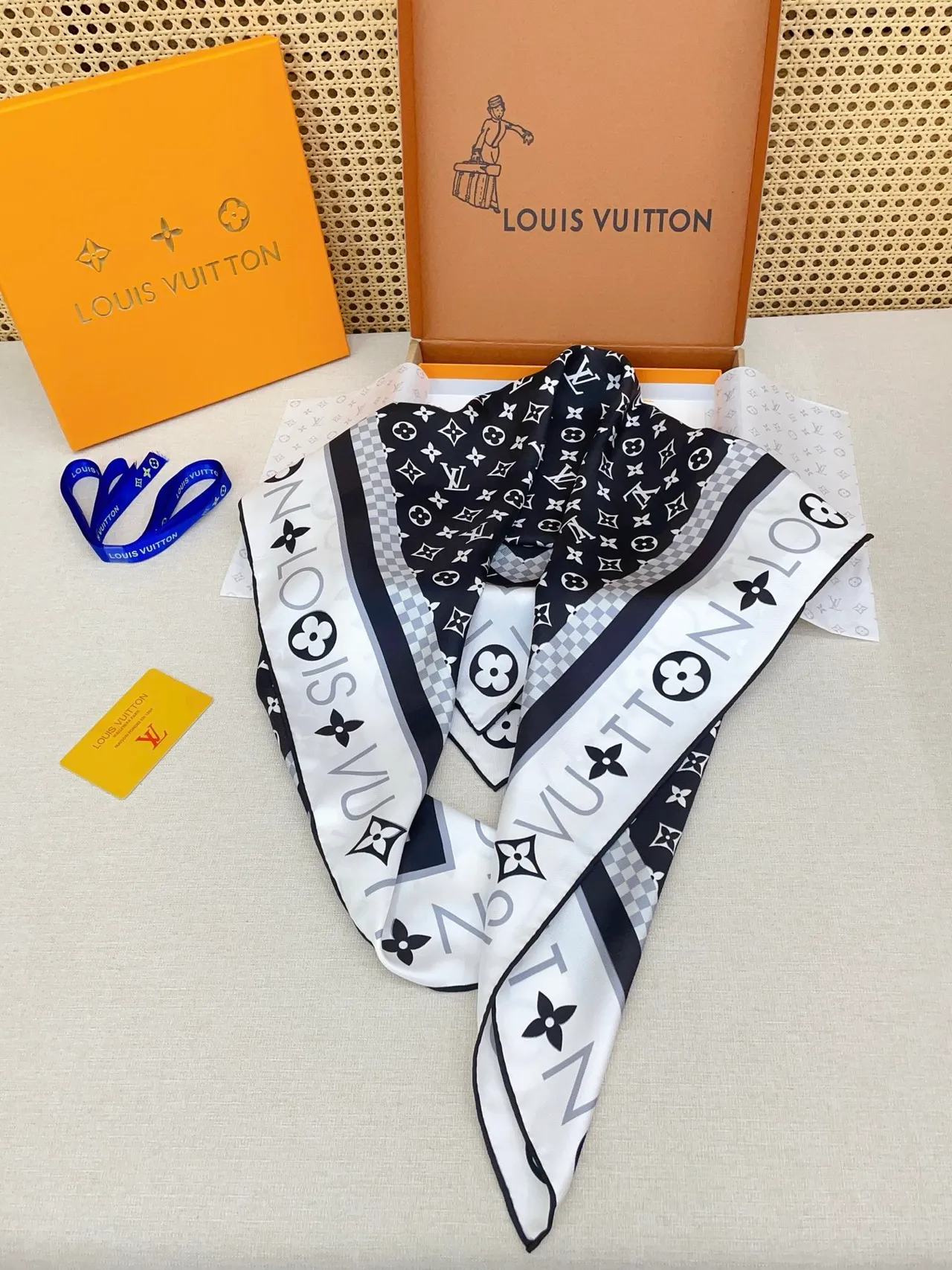 Louis Vuitton Monogram Grid Black White Pattern Bordered Square Silk Scarf 6
