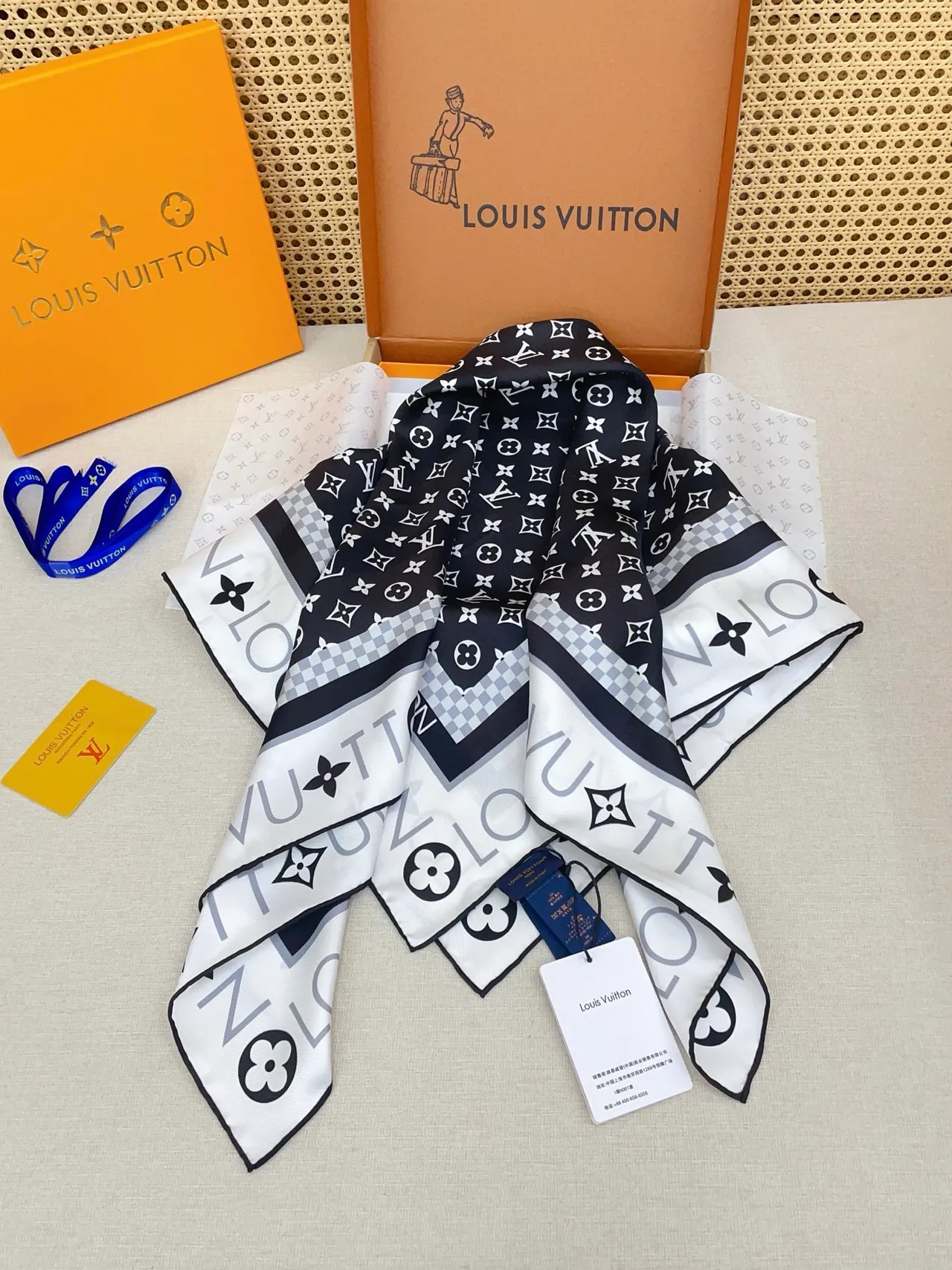 Louis Vuitton Monogram Grid Black White Pattern Bordered Square Silk Scarf 7