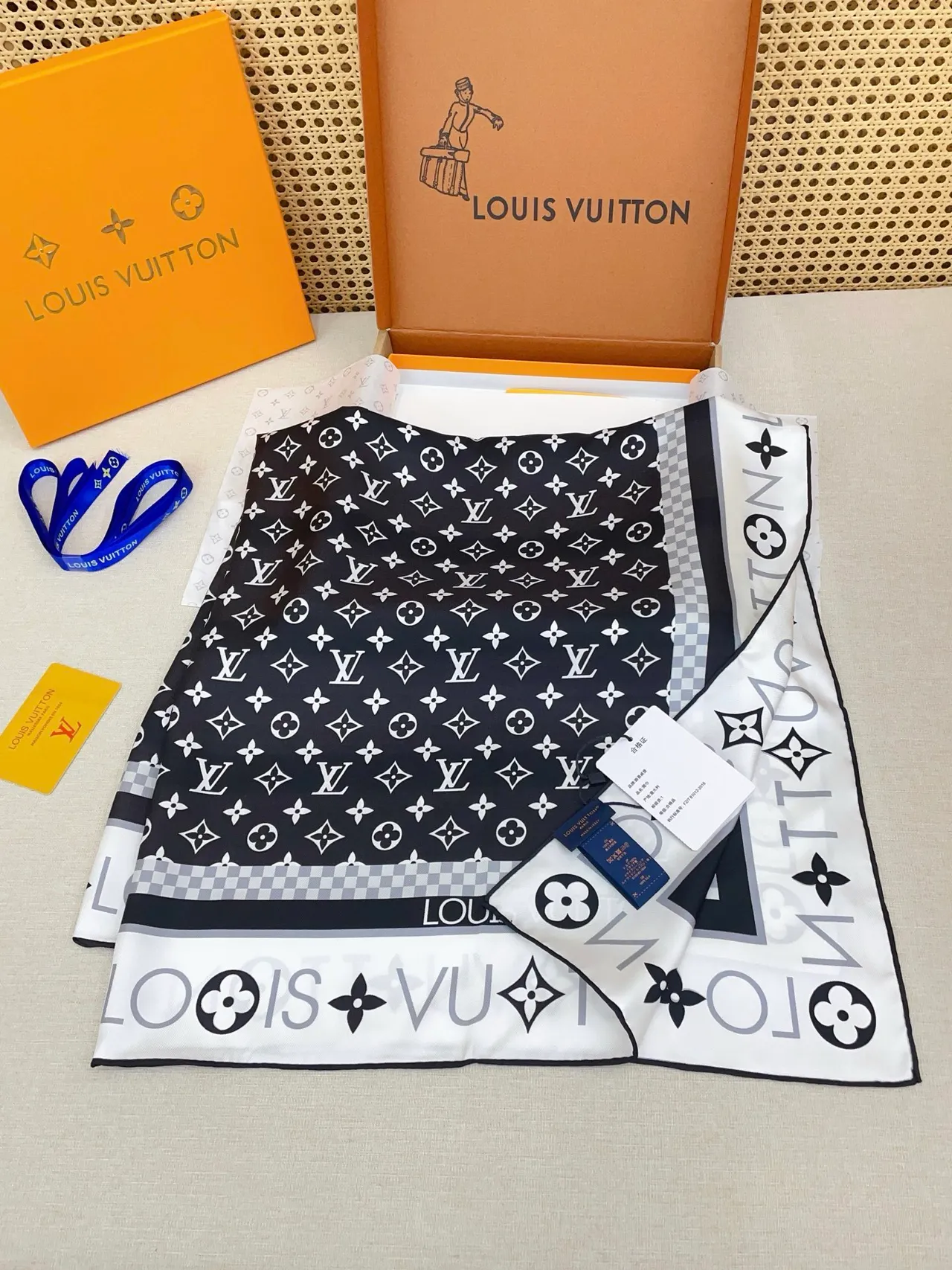 Louis Vuitton Monogram Grid Black White Pattern Bordered Square Silk Scarf 8