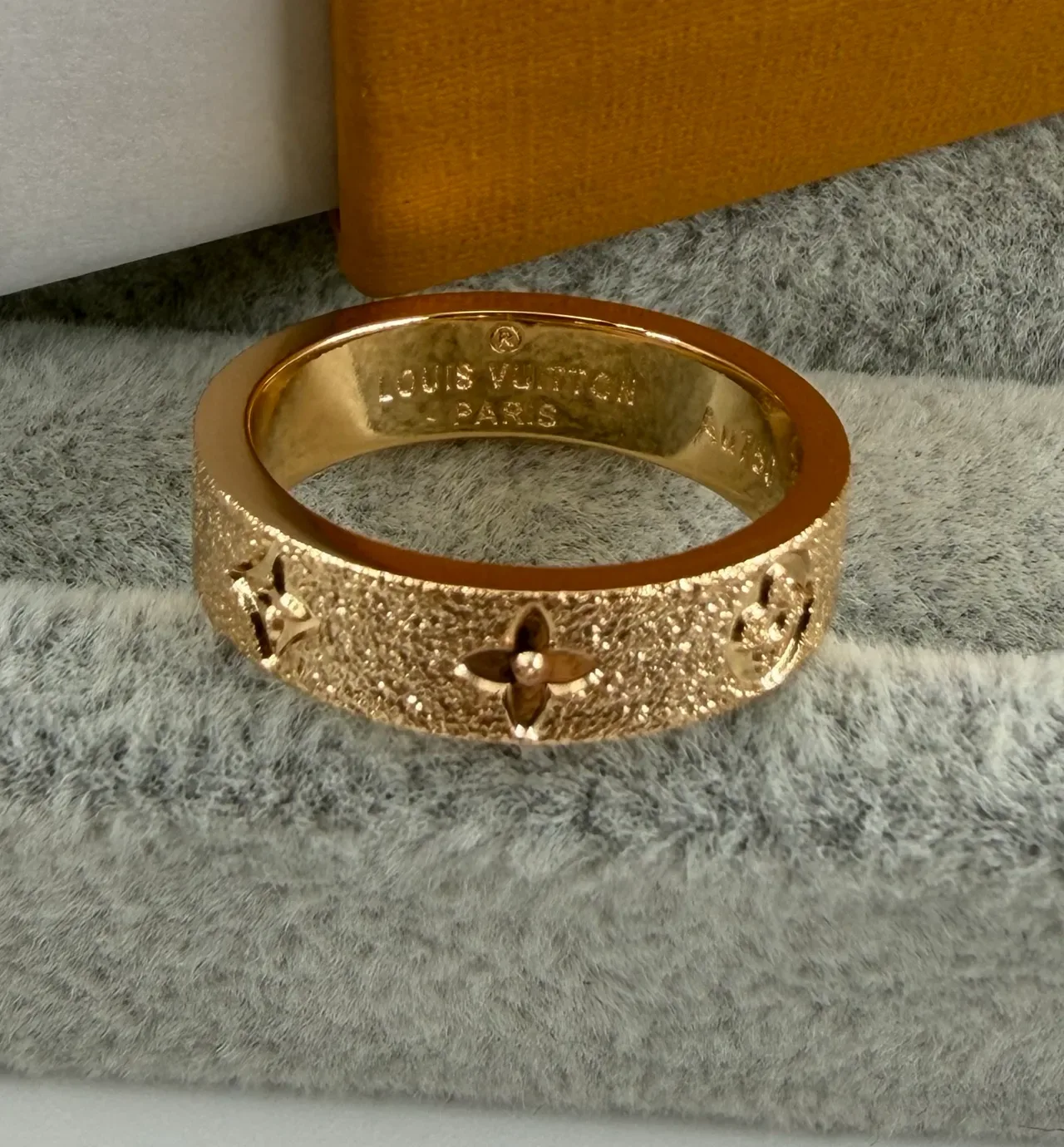 Louis Vuitton Monogram Ring Gold Silver Textured Brushed Metal Wide Band Ring 2