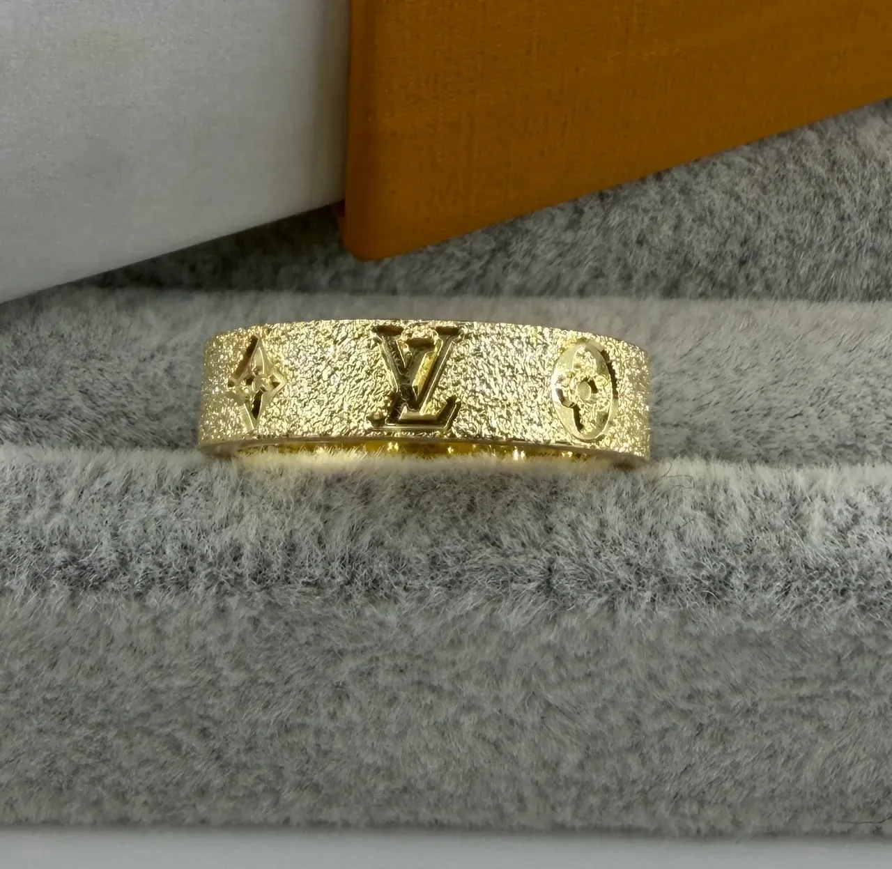 Louis Vuitton Monogram Ring Gold Silver Textured Brushed Metal Wide Band Ring 3