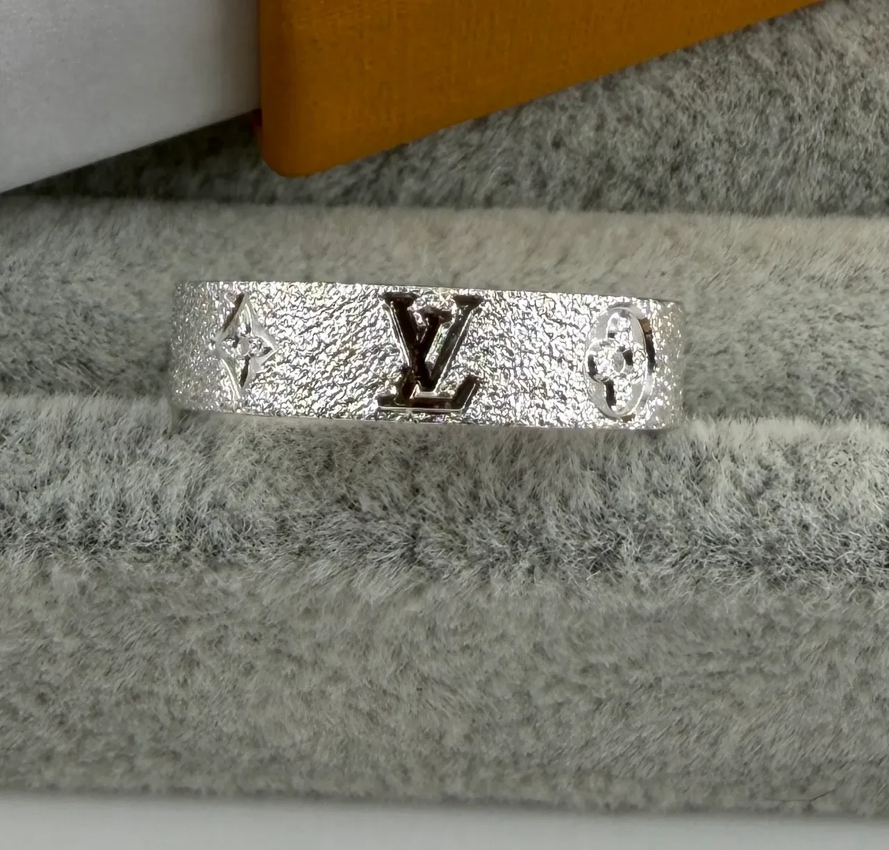 Louis Vuitton Monogram Ring Gold Silver Textured Brushed Metal Wide Band Ring 4