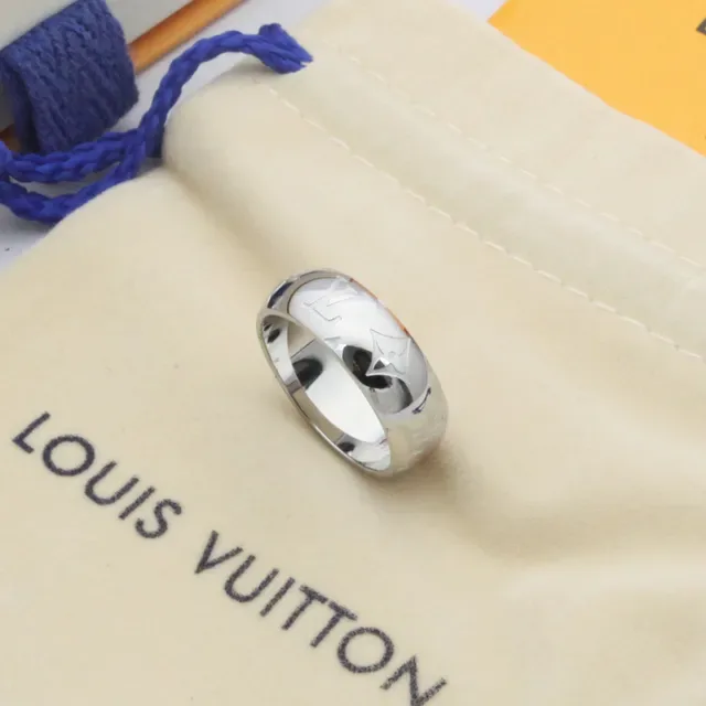 Louis Vuitton Monogram Ring Gold Silver Wide Band Engraved Ring 4