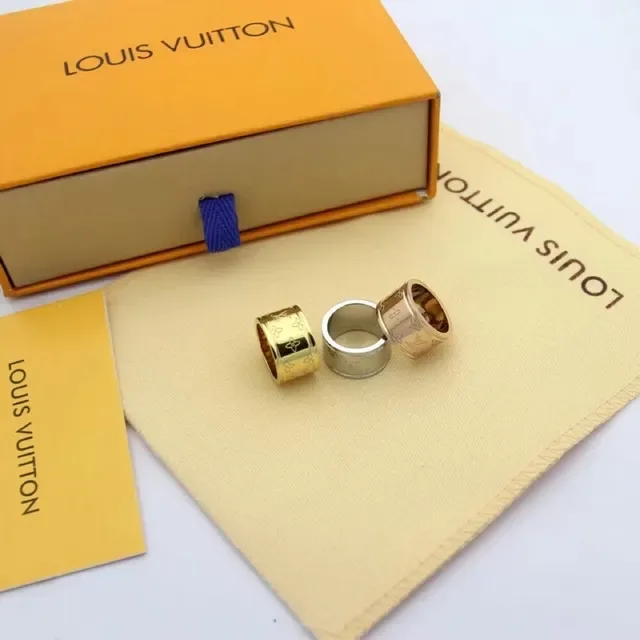 Louis Vuitton Monogram Ring Gold Wide Band Engraved Ring 6