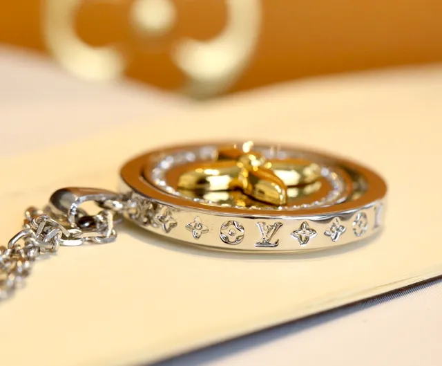 Louis Vuitton Monogram Rotating Crystal Pendant Silver Gold Locket Bezel Necklace 2
