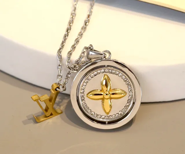 Louis Vuitton Monogram Rotating Crystal Pendant Silver Gold Locket Bezel Necklace 3