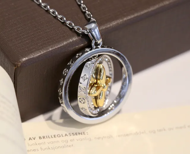 Louis Vuitton Monogram Rotating Crystal Pendant Silver Gold Locket Bezel Necklace 4