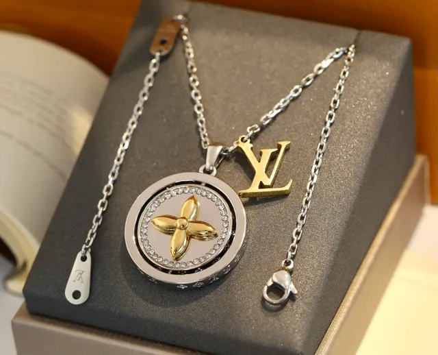 Louis Vuitton Monogram Rotating Crystal Pendant Silver Gold Locket Bezel Necklace 5