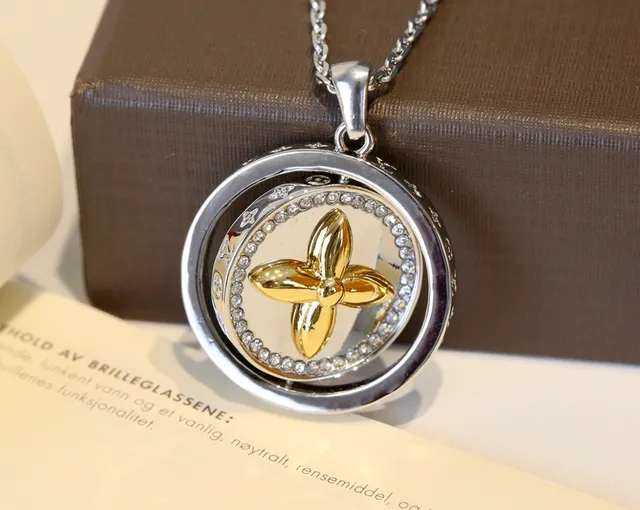 Louis Vuitton Monogram Rotating Crystal Pendant Silver Gold Locket Bezel Necklace 9