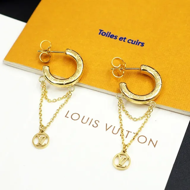 Louis Vuitton Nanogram Gold Monogram C-Hoop Chain Dangle Earrings 2