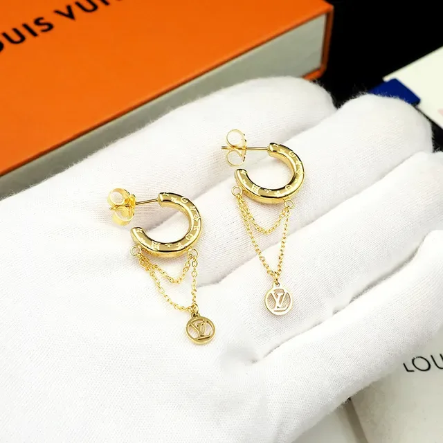 Louis Vuitton Nanogram Gold Monogram C-Hoop Chain Dangle Earrings 3