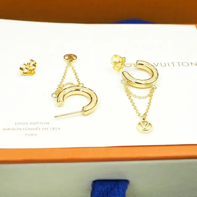 Louis Vuitton Nanogram Gold Monogram C-Hoop Chain Dangle Earrings 4