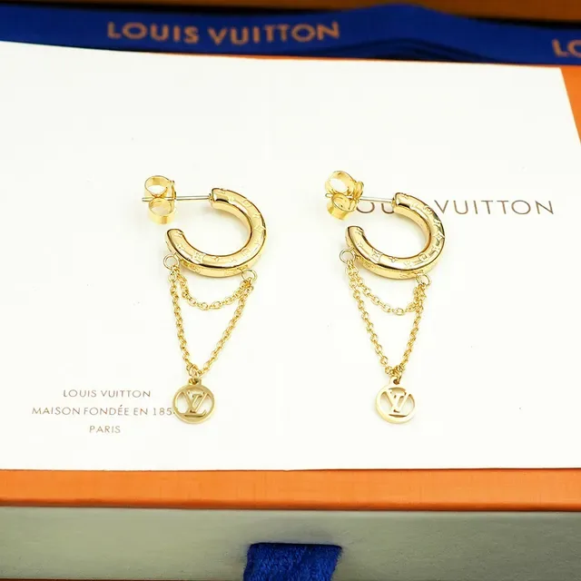 Louis Vuitton Nanogram Gold Monogram C-Hoop Chain Dangle Earrings 5