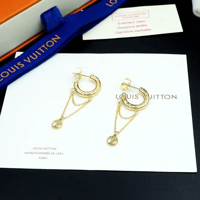 Louis Vuitton Nanogram Gold Monogram C-Hoop Chain Dangle Earrings 7