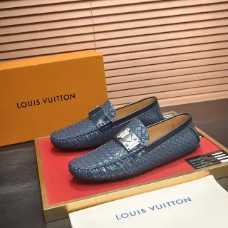 Louis Vuitton Navy Beige Woven Leather Metal Buckle Loafer
