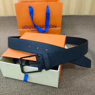 Louis Vuitton Navy Black Pebbled Rectangular Buckle Leather Belt