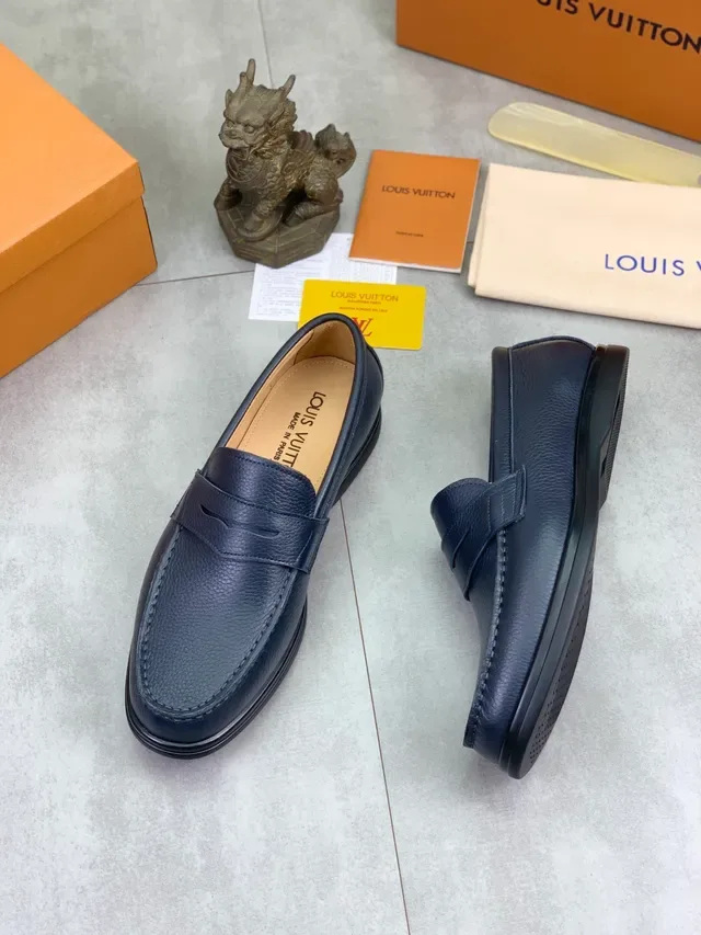 Louis Vuitton Navy Pebbled Leather Penny Loafer 6