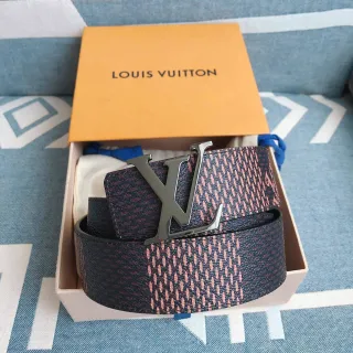 Louis Vuitton Navy Pink Printed Metal LV Buckle Leather Belt