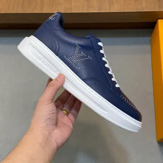 Louis Vuitton Navy White Pebbled Leather Studded Monogram Lifestyle Sneakers