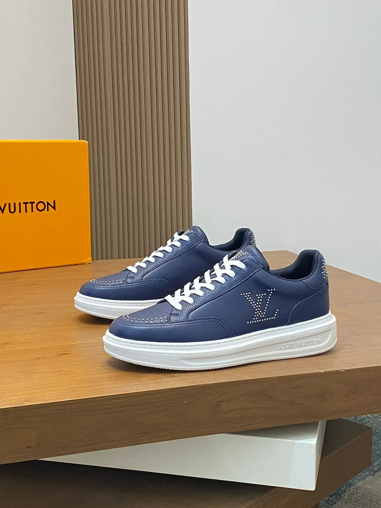 Louis Vuitton Navy White Pebbled Leather Studded Monogram Lifestyle Sneakers 4