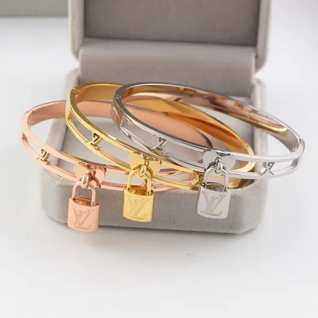 Louis Vuitton Padlock Bracelet Gold Silver Hinged Bangle Charm Bracelet 4