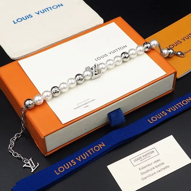 Louis Vuitton Pearl and Silver-Tone LV Monogram Bracelet 5