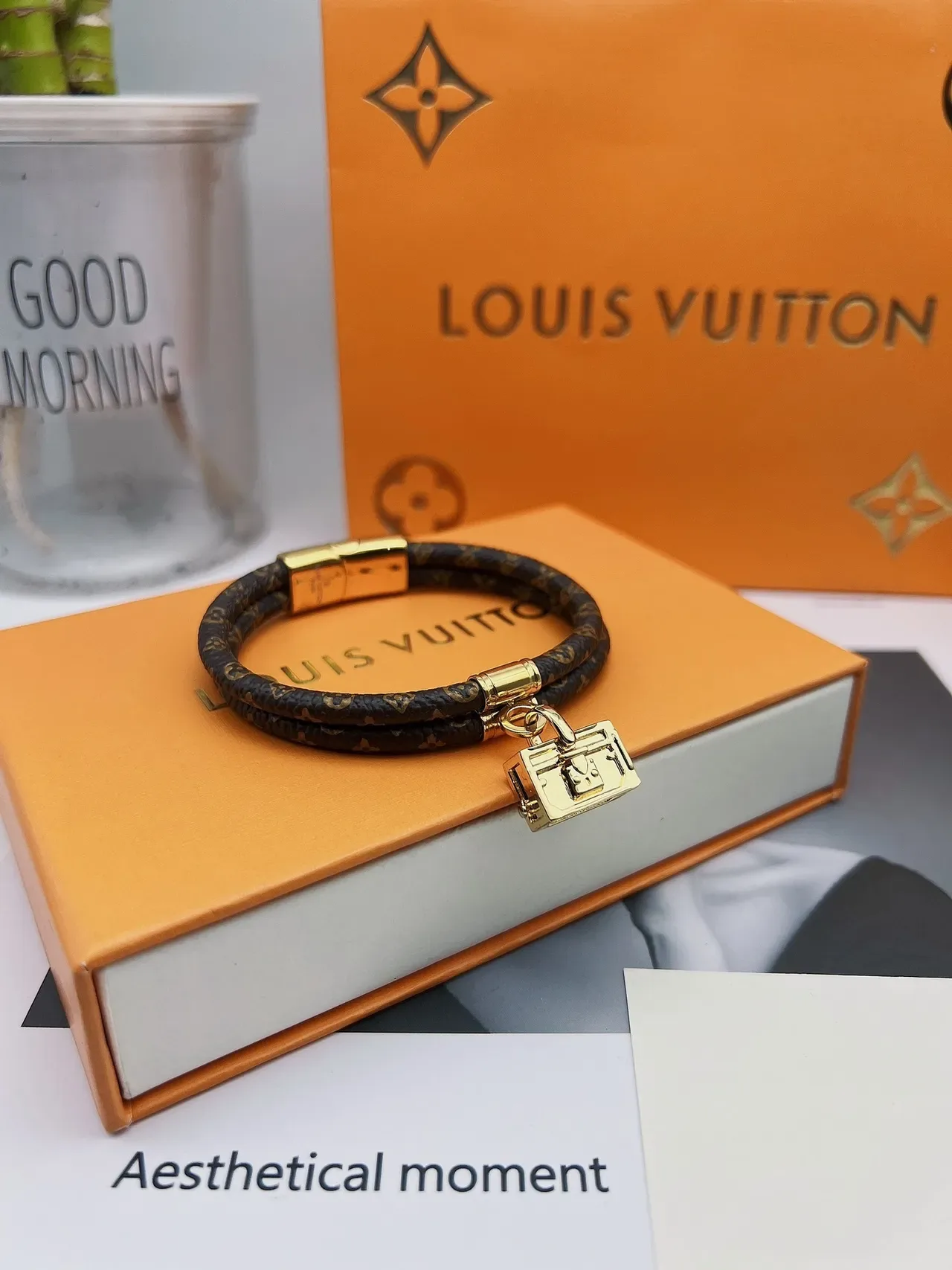 Louis Vuitton Petite Malle Brown Gold Braided Monogram Leather Hardware Bracelet 2