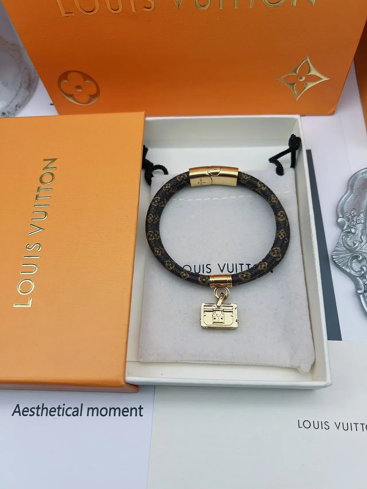 Louis Vuitton Petite Malle Brown Gold Braided Monogram Leather Hardware Bracelet 3