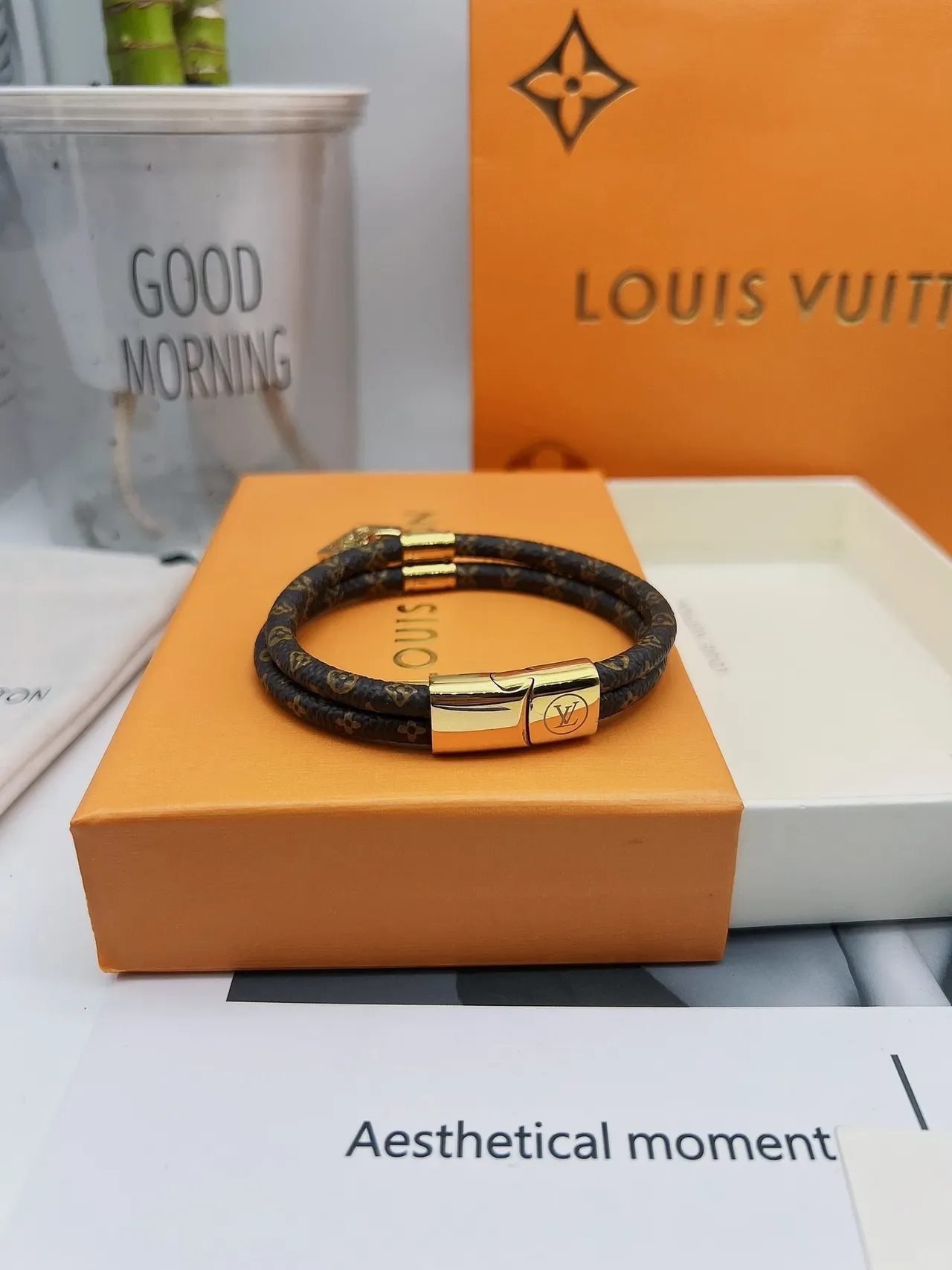 Louis Vuitton Petite Malle Brown Gold Braided Monogram Leather Hardware Bracelet 4