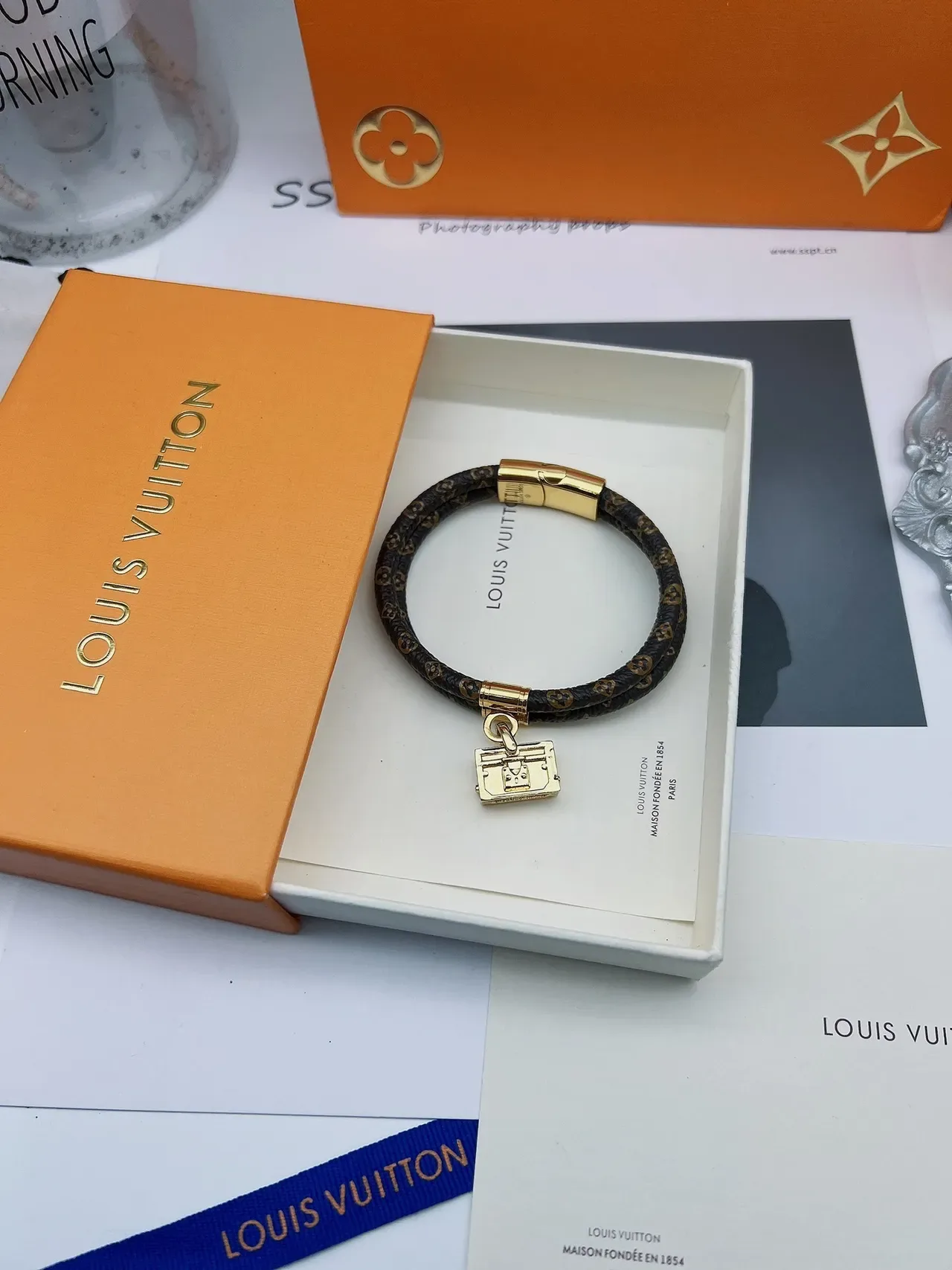 Louis Vuitton Petite Malle Brown Gold Braided Monogram Leather Hardware Bracelet 5